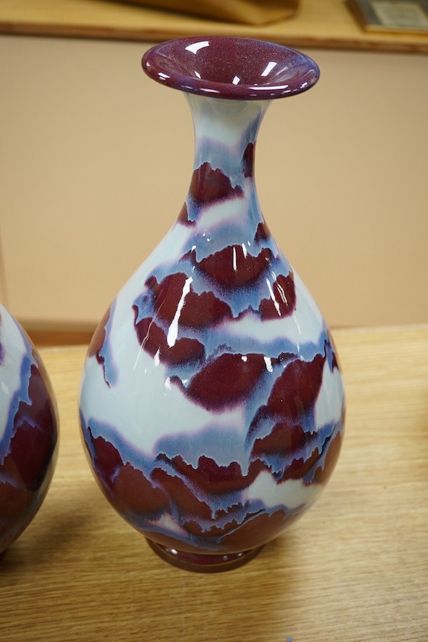 A pair of Chinese flambé pear shaped vases, 36cm. Condition - good, feint crazing